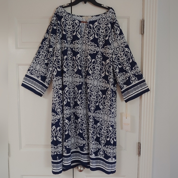 Haani Floral Print Stretchy Split V-Neck 3/4 Sleeve Dress Navy White Size 3X - Picture 1 of 12